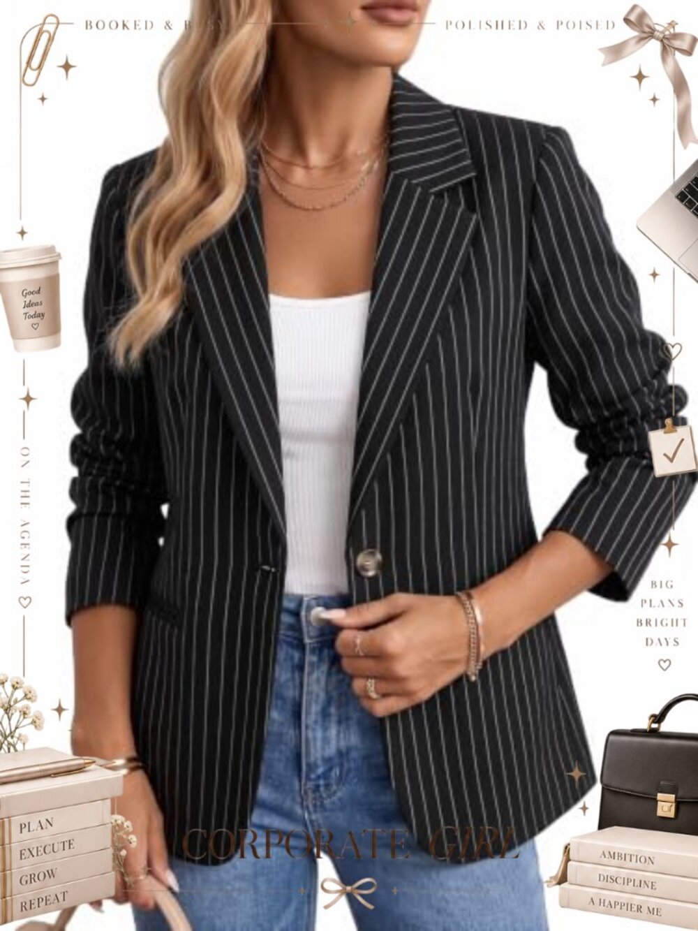 Mina Self Pinstripe Blazer Jacket Single-Breasted Business Casual